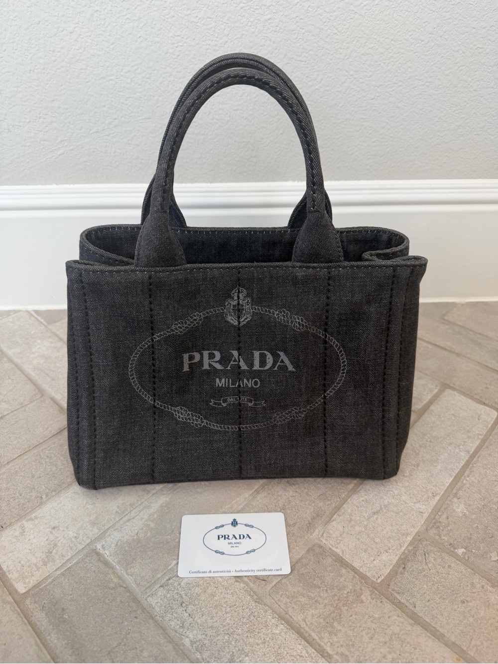 Prada Canapa Black Denim (Nero) Mini Tote Bag Gold Hardware 1BG439